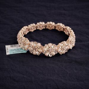 Gold Tone Pearl Crystal Floral Stretch Bracelet Bridal Wedding Statement